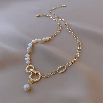 Shaped Freshwater Pearl Ring Stitching Necklace Korean Fashion Elegant Internet Celebrity Design Sense Metal Pearl Clavicle Chain