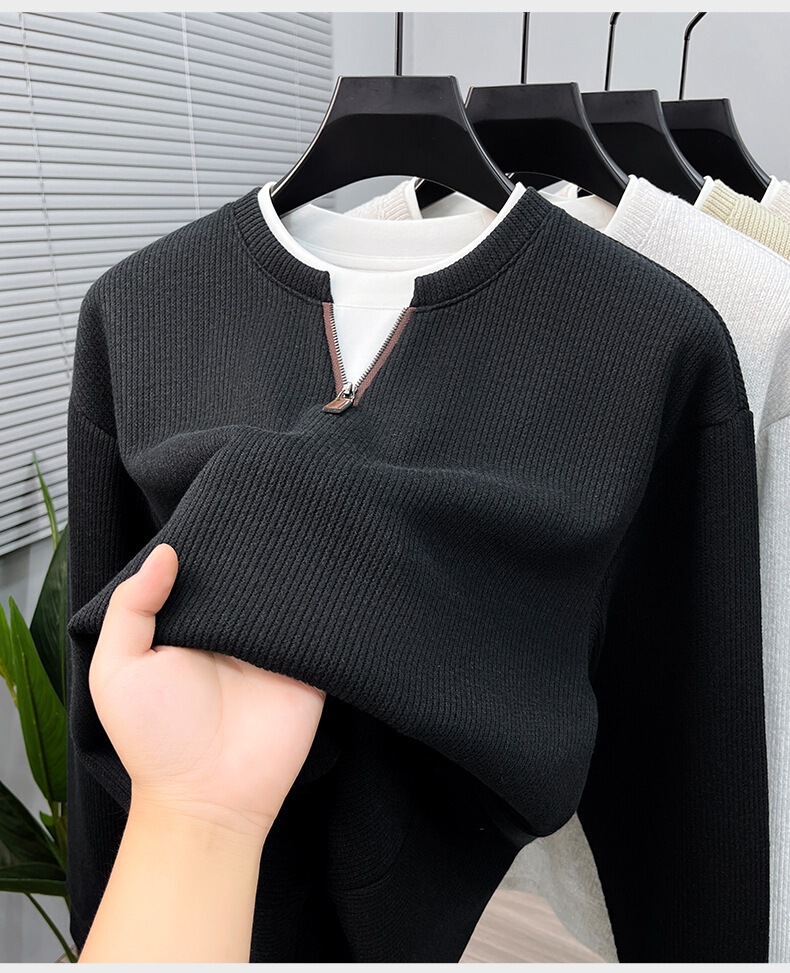 Áo nỉ dệt kim nam khóa kéo nửa thân cổ đứng phong cách công sở — Xanh đen, Màu trắng ngà, Xám nhạt, Xanh đậu