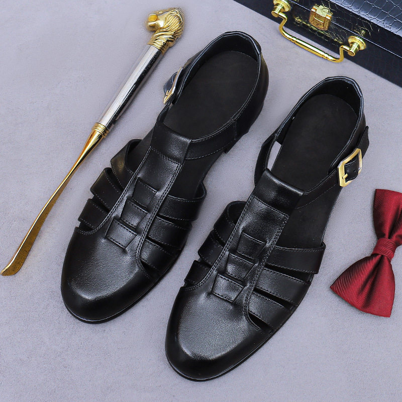 Sandal Rọ Nam Da Bò Mũi Bít Đế Cao 3cm