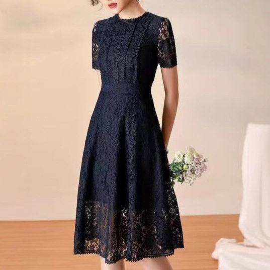 Lace Hollow Out Midi Dress Summer Collection Flattering A Line Silhouette Round Neck Comfortable Fabric Wholesale