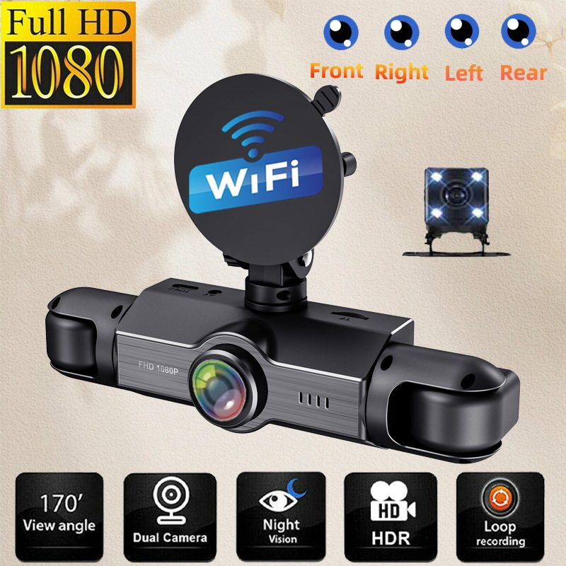 4-Lens 4-Channel High-Definition 1080P Car Dash Cam with Night Vision, Reversing Camera, Cardvr Parking Monitoring, Wifi