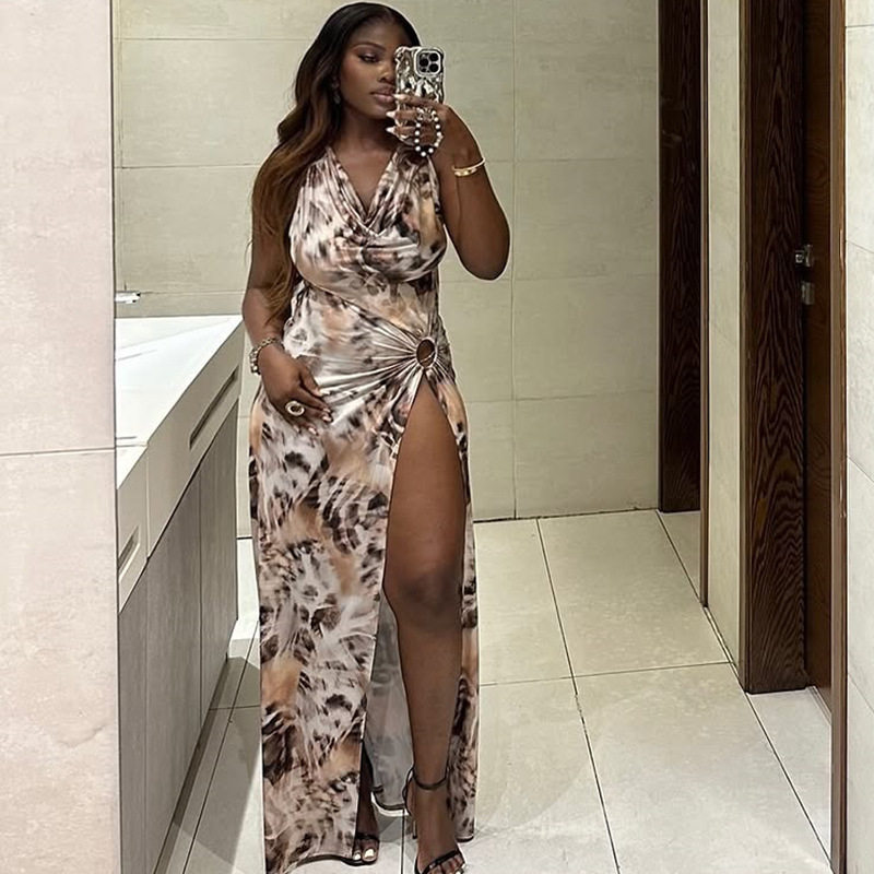 Fashionable Womens Backless Dress Ruffled Asymmetrical Hem Floral Print Sexy Split Design Perfect for Parties and