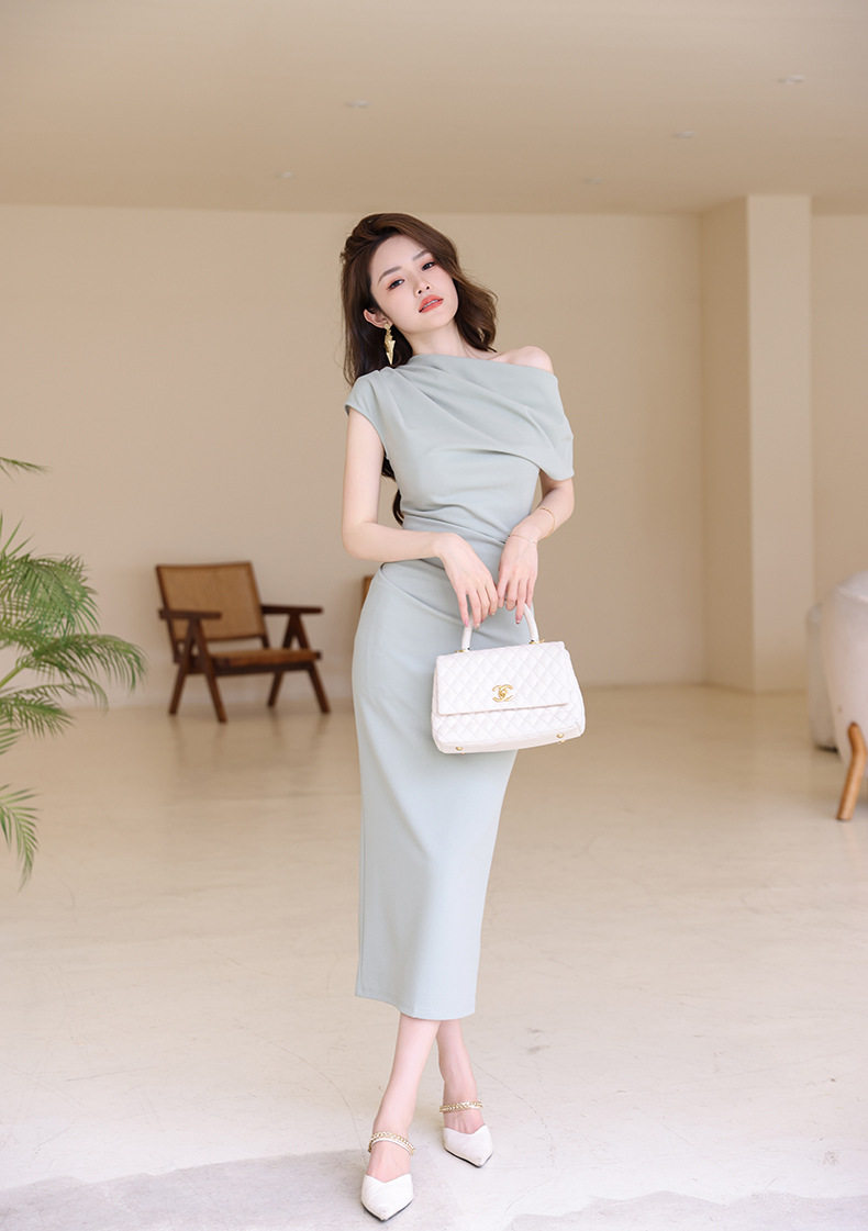 Đầm ôm body nữ dáng dài tay ngắn, cổ chéo, thiết kế eo ôm, phong cách Pháp — [Đen], [Xanh bạc hà], [Màu mơ], [Đỏ rượu vang] chi tiết 28