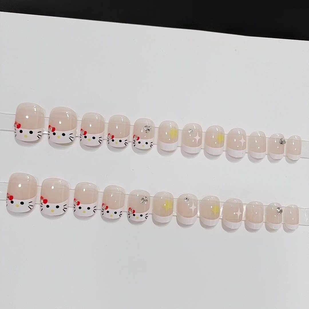 B665Kt Cat Fresh Cute Girl Wear Armor Short Cartoon Small Diamond Student Daily Manicure Fake Nail Tablets