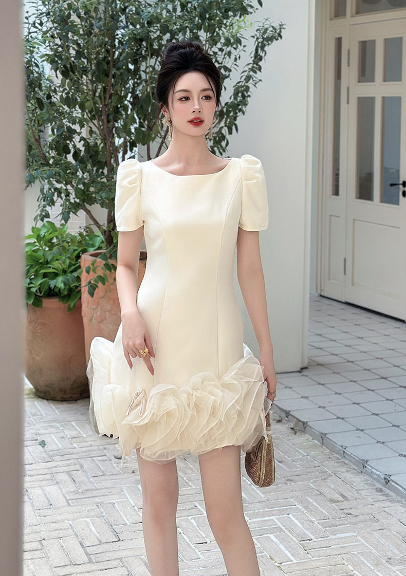 Đầm ôm body nữ cổ tròn tay bồng phong cách Pháp — [Màu hồng đào] chi tiết 6