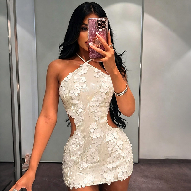 Summer Womens Dress Fashionable Sequin Sexy Backless Halter Neck Bodycon Style Nightclub Party Wear Wholesale