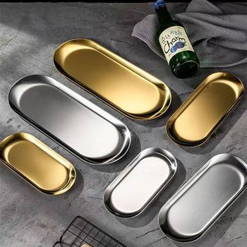 Korean-style stainless steel oval plate hotel supplies dessert snack plate Golden hot pot side dishes creative tray towel plate