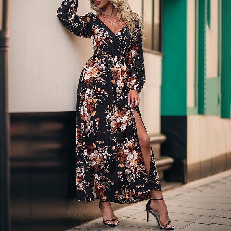 Womens Long Sleeve V Neck Floral Dress Autumn Style European and American Fashion Wholesale Available