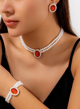 欧美跨境饰品 个性圆珠多层choker项饰 复古宫廷风石仿珍珠项链