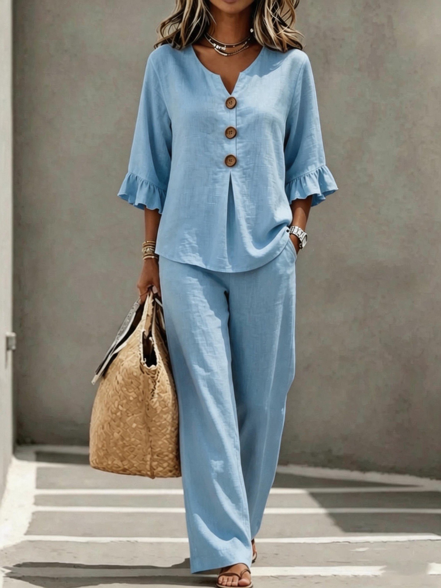 Summer V Neck Casual Top and Long Pants Set Short Sleeve Pocket Design Comfortable Fabric Perfect for Everyday Wear