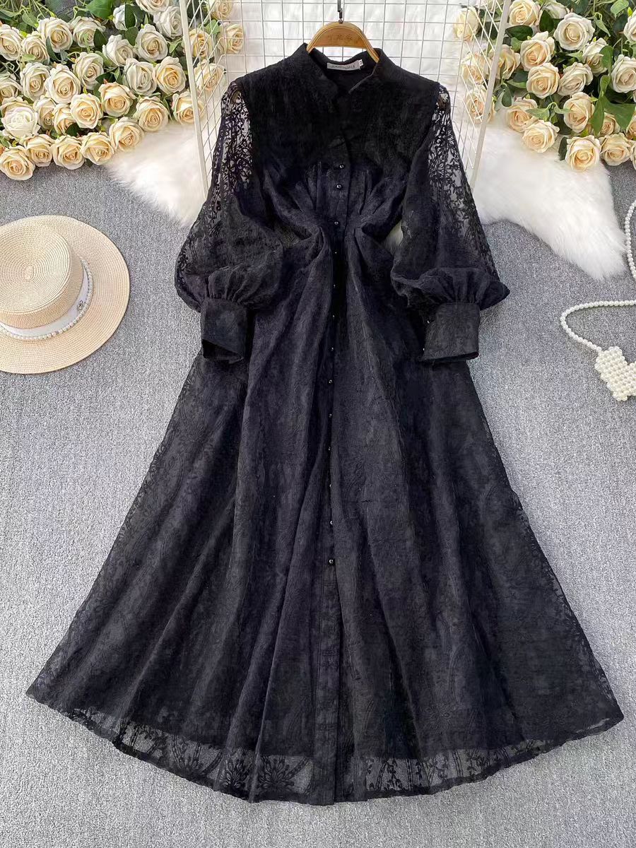 French Vintage Elegant Dress High End Aesthetic Stand Collar Single Breasted Embroidered Waist Defining Evening
