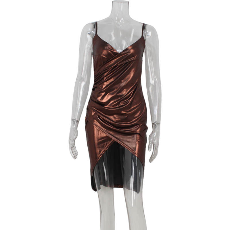 Bodycon V Neck Dress Sexy High Waist Gold Foil Detail Split Hem Sleeveless Evening Wear or Cocktail Party