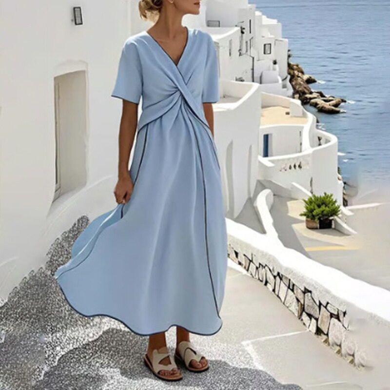 Summer Womens Dress Elegant Casual Loose Striped V Neck Long Dress Beach Vacation Style Wholesale Available