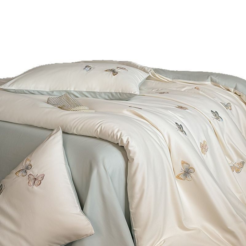 Class a 100S High-Count Long-Staple Cotton Brushed Cotton Spring and Summer Silk Four-Piece Set with Embroidered Butterflies Pure Cotton Bedding for All Seasons