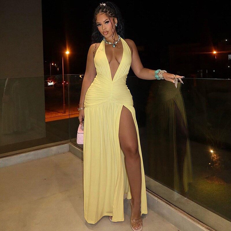 Summer Womens Dress Elegant Halter Neck V Neck Long Length Sexy Slit Ruched Backless Perfect for Parties and