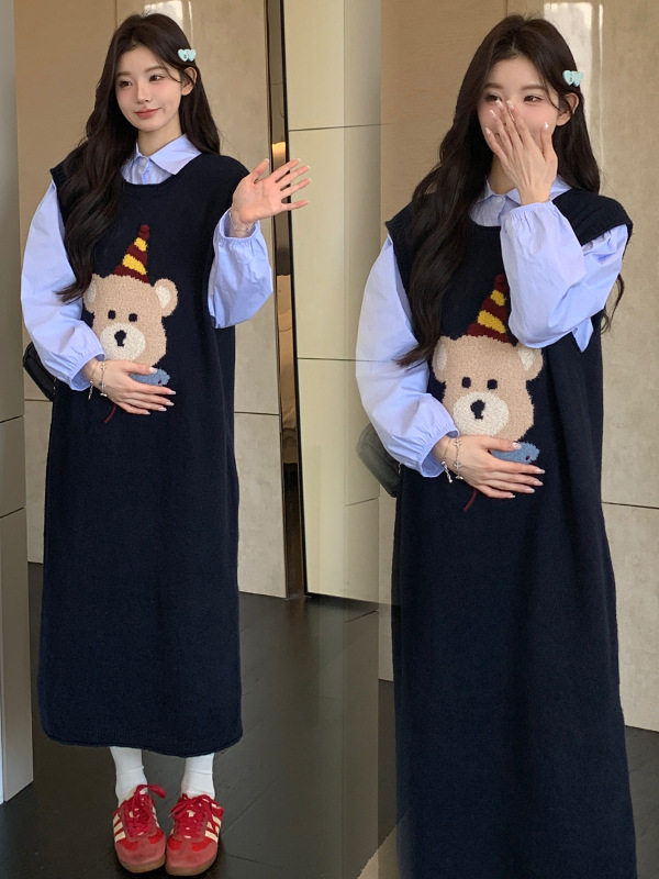 Jingqi Maternity Dress Set New Stylish Casual Loose Bear Suspender Skirt Shirt Two-Piece Set