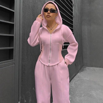 European and American Amazon Cross-Border Independent Station 2025 Autumn and Winter Fleece Hooded Cardigan Slim Sweatshirt Wide-Leg Pants Two-Piece Set