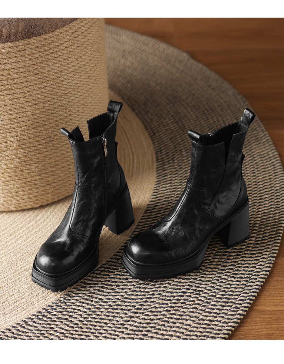 Boot Chelsea nữ gót cao đế dày mũi vuông lót lông cổ V — Lớp lót đơn màu đen, Lớp lót đơn màu nâu