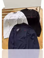 Rl Ralph's T-Shirt, Pony Logo, Round Neck, Pure Cotton, Plain Solid Color Base Shirt, Long Sleeve, Men's Autumn