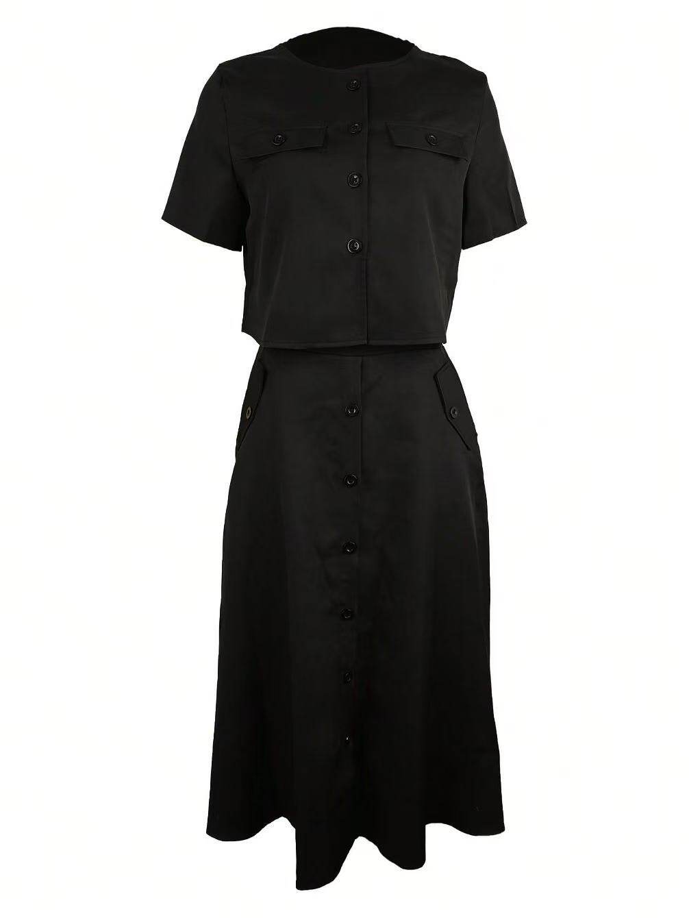 2024秋季时尚女装休闲套装优雅单排扣长款上衣短袖高领优雅知性风