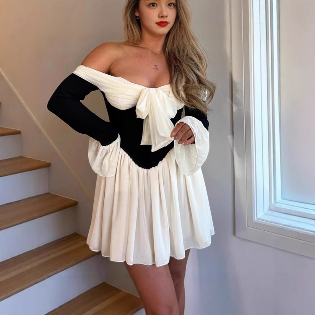 Off Shoulder Dress French Court Style Slim Fit Flared Sleeves Elegant Design Autumn Collection Wholesale Available
