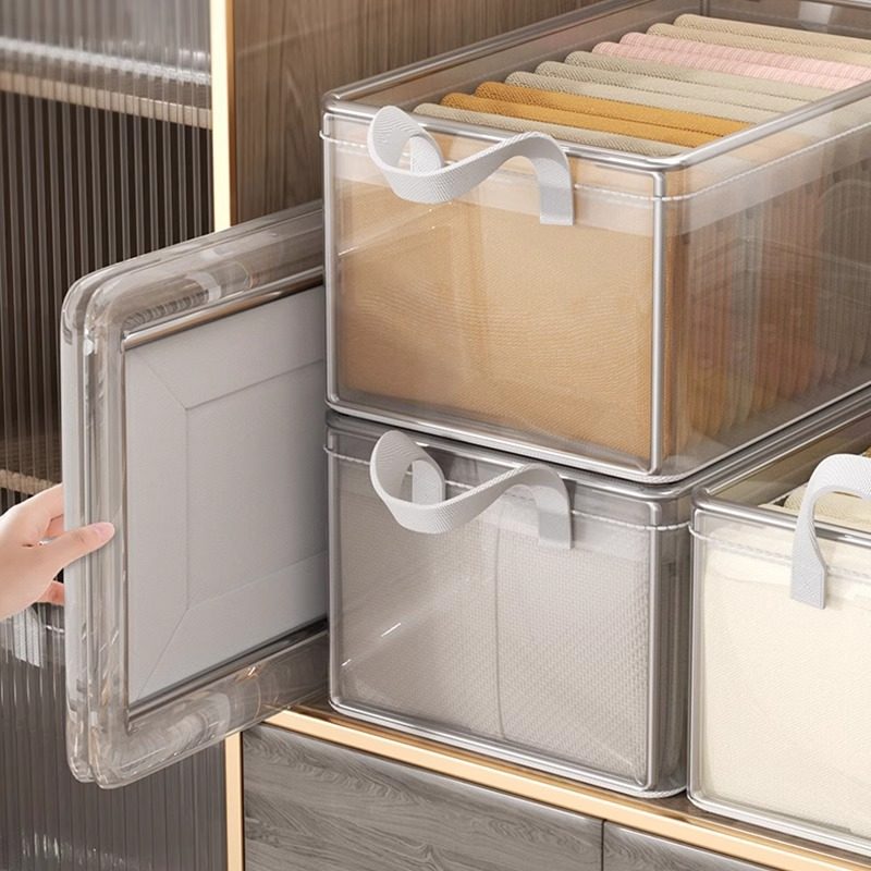 Clothes Storage Box Household Wardrobe Layered Fixing Box for Clothes and Pants Transparent Folding Storage Basket Frame Artifact