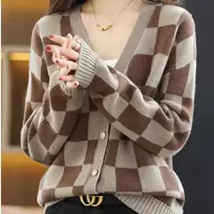 Spring and Autum Cross-Border New Checkerboard Contrast Color V Neck Knitted Cardigan Women's Lazy Style Loose Sweater Jacket Top