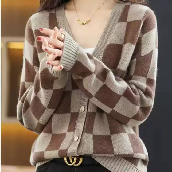 Spring and Autum Cross-Border New Checkerboard Contrast Color V Neck Knitted Cardigan Women's Lazy Style Loose Sweater Jacket Top