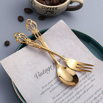 Royal Court hollow relief dessert spoon three-tooth fork stirring spoon suit European-style carved tableware gift retro spoon