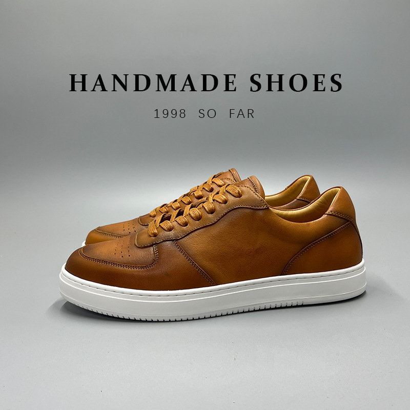 Giày sneaker nam da bò lớp đầu tiên đế bằng đệm khí cổ điển dễ phối — Màu nâu, Màu đen, Màu trắng