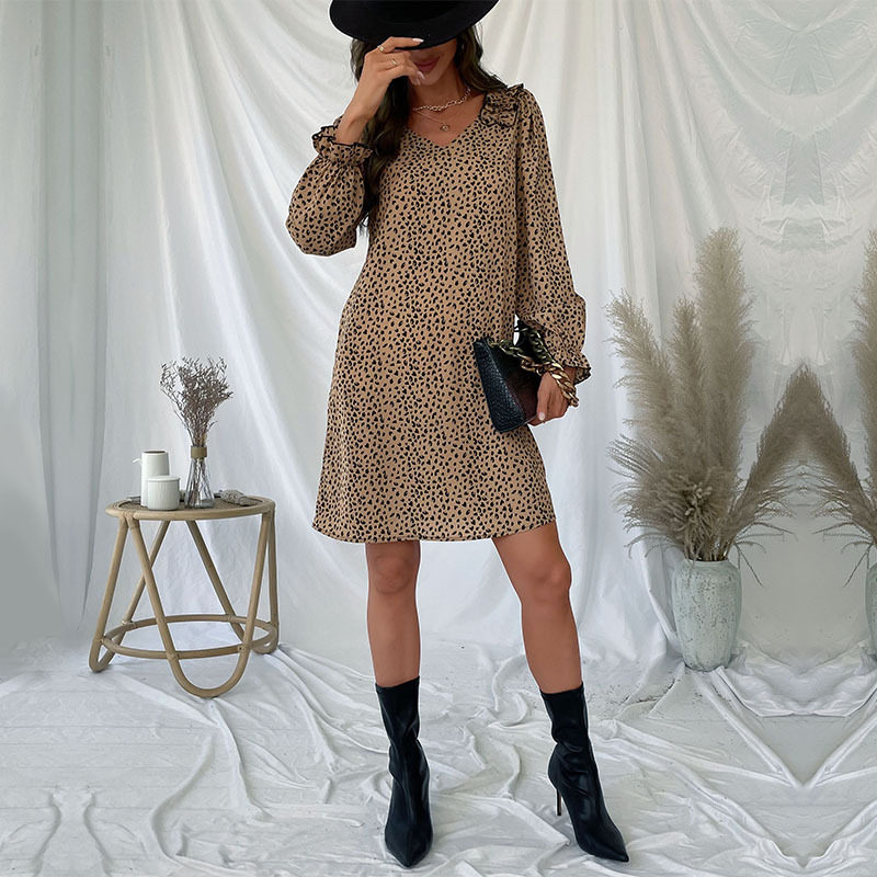 Leopard Print Long Sleeve Dress Loose Fit Ruffle Trim Autumn Fashion Perfect for Casual Outings OEM Available