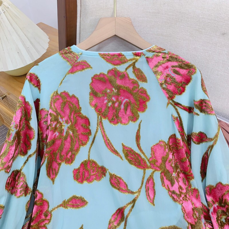 Áo cardigan nữ dệt vải họa tiết in hoa cổ chữ V dáng rộng — Bắc Kinh xanh, mạ vàng, màu son, màu vàng chanh