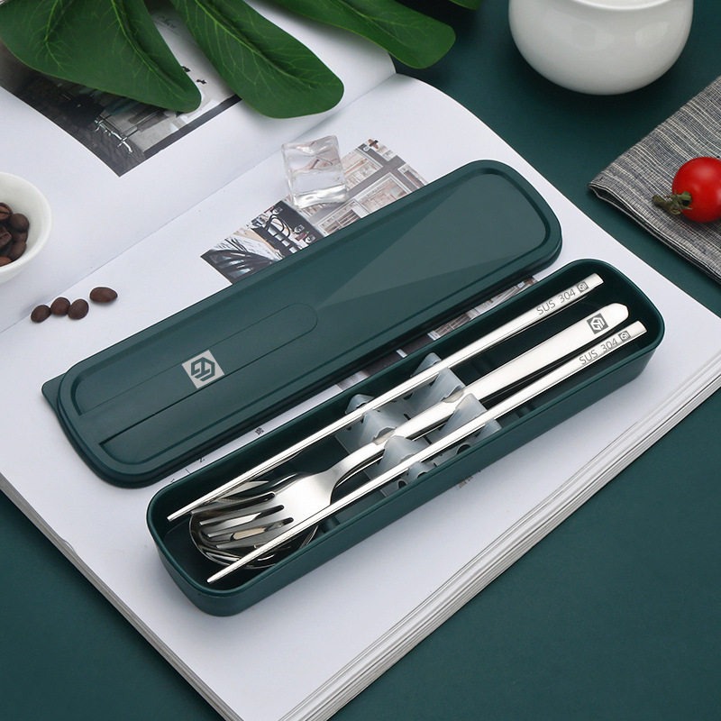 304 Stainless Steel Portable Tableware Fork Spoon Chopsticks suit Korean-style Three-piece Outdoor Gift Student suit
