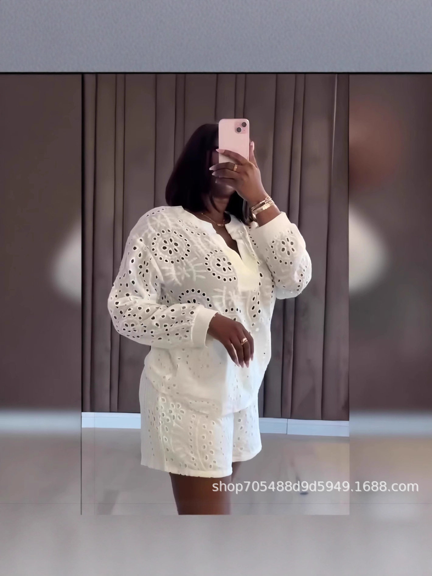 European and American Cross-Border Women's Clothing New Style 2025 Spring Pure Color Long-Sleeved V Neck Top Waist Shorts Casual Two-Piece Set for Women