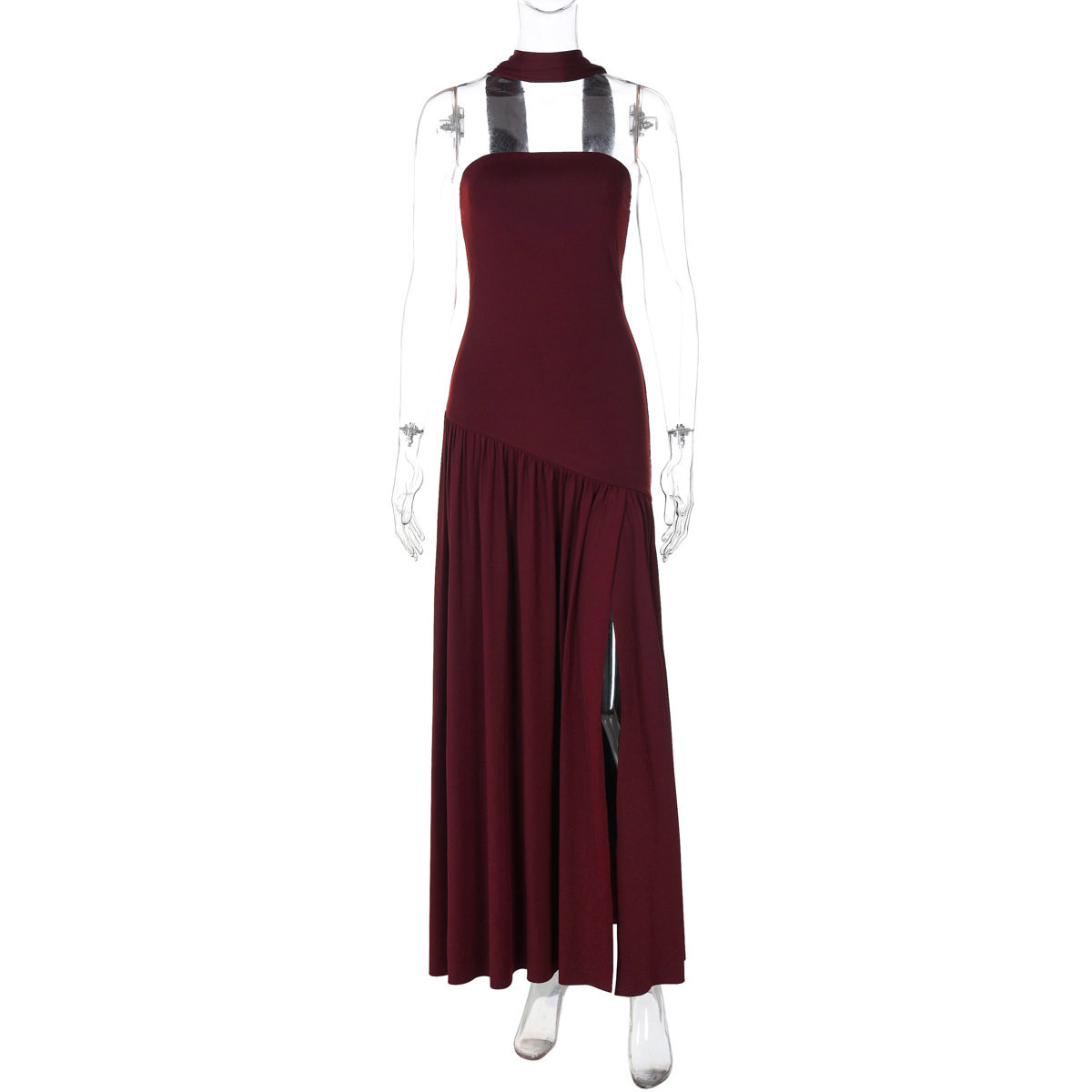 欧美跨境新款女装时尚气质抹胸修身纯色开叉露背优雅飘带连衣裙女