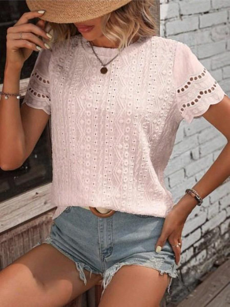 Casual Short Sleeve V Neck Shirt Summer Ready Solid Color Pleated Design Embroidered Details Wholesale Available