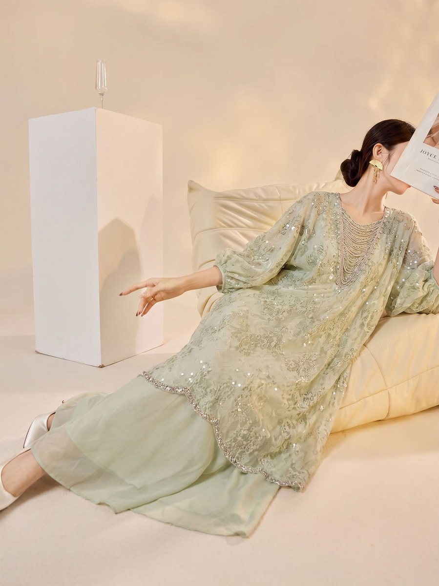 Đầm maxi nữ họa tiết hoa tay bồng cổ tròn phong cách retro — Xanh lục (giao hàng trong 7 ngày), Xanh lục (giao hàng trong ngày)
