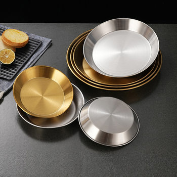 Thickened Stainless Steel Flat Plate Seafood Plate Golden Round Barbecue Plate Kitchen Pizza Plate Baking Plate Multi-Purpose Plate