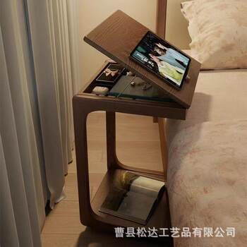 Simple Wooden Movable Side Table for Home Bedroom Bedside Table Solid Wood Wheeled Side Small Apartment C-Shaped Small Coffee Table