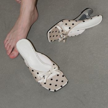 [Ready Stock] Designed Niche Special-Shaped Heel Slippers, Retro Bow Polka Dot Heart High-Heeled Square-Toe Sandals