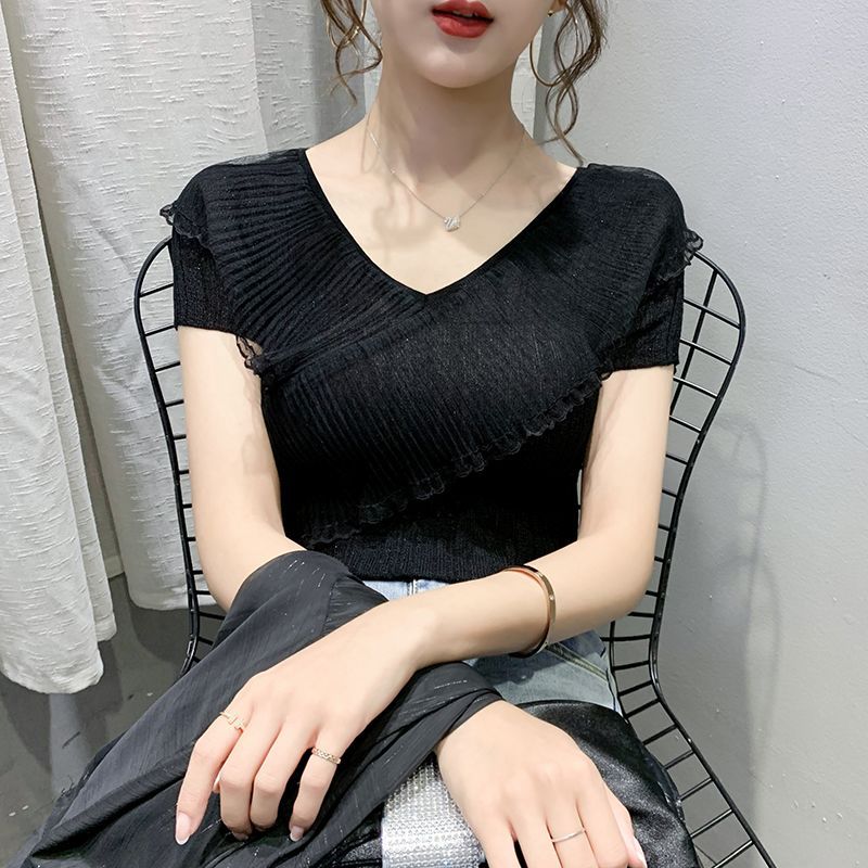 Summer Womens Sheer Knit Top Ruffle Hem V Neck Lightweight Ice Silk Casual Wear Stylish Design OEM Available