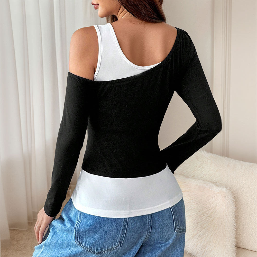 Asymmetrical Long Sleeve Top Black and White Color Block Unique Design for Spring and Autumn Wholesale Available