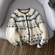 Japanese Retro Fair Isle Knit Sweater Cardigan for Women, Autumn and Spring Design, Lazy Thick Cashmere Cardigan Top