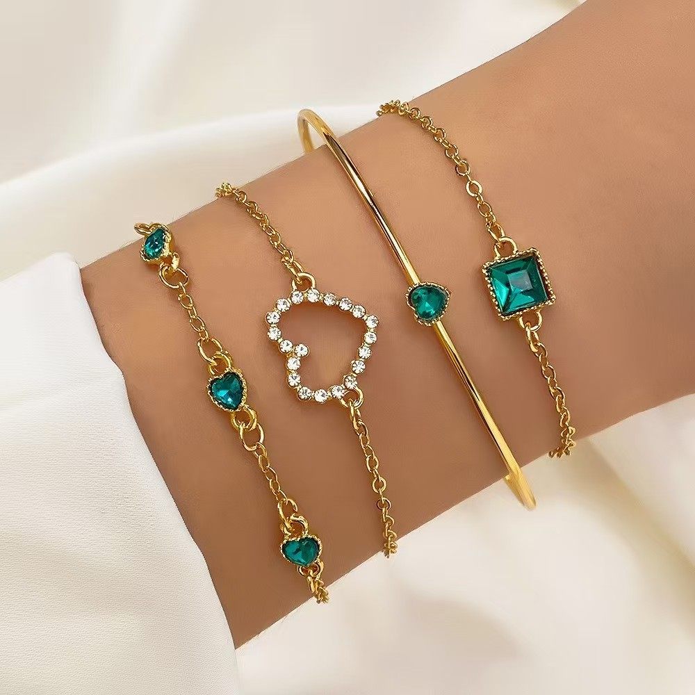 Cross-Border European and American Fashion Green Emerald Diamond Elastic Bracelet Women's 4-Piece Set High-End Snake Bracelet Metal Bracelet