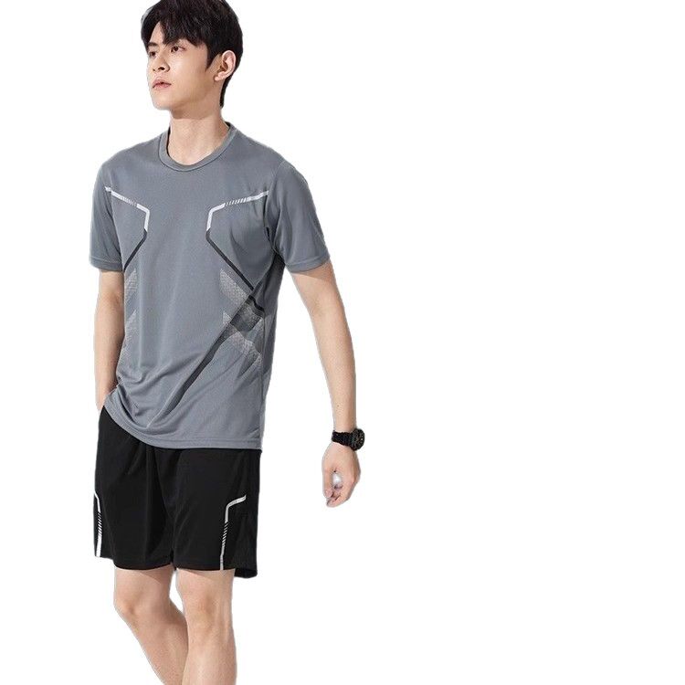 跨境运动服套装男跑步短袖冰丝夏季速干衣篮球服羽毛健身衣服短裤