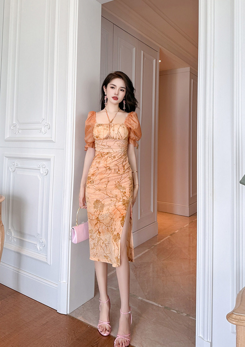 Đầm ôm body nữ dáng dài tay phồng cổ vuông phong cách Pháp — [Cam cổ điển] chi tiết 14