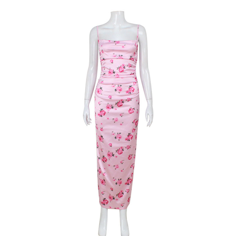 French Style Summer Maxi Dress Sexy Off Shoulder Floral Print Slim Fit Soft Pink Perfect for Parties or Casual
