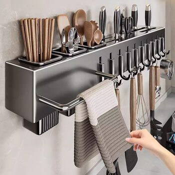 Wall-Mounted Multifunctional Knife Holder, No-Drill Kitchen Storage Rack, Integrated Chopstick Holder, Kitchen Knife Rack, Non-Magnetic