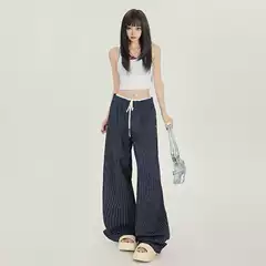 New Stripesd Design Lace Drawstring Casual Pants for Women Work Clothing Versatile 2025 High-End Loose Wide-Leg Pants