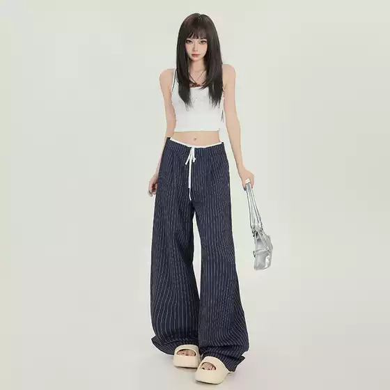 New Stripesd Design Lace Drawstring Casual Pants for Women Work Clothing Versatile 2025 High-End Loose Wide-Leg Pants